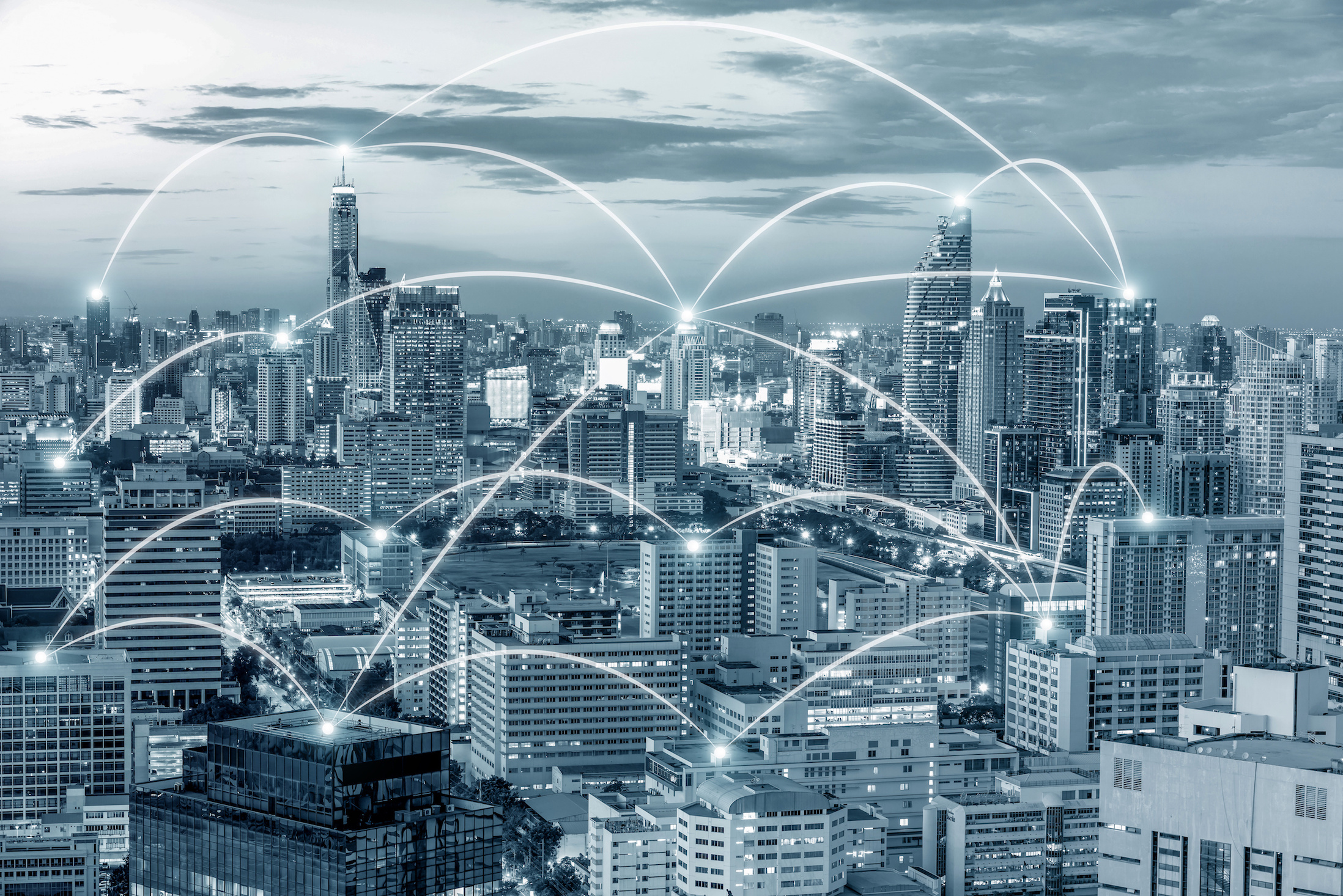 Network business conection concept – Network business conection system on cityscape background